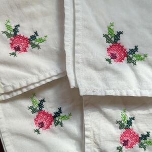 8 Vintage Napkins With Cross Stitch Flowers